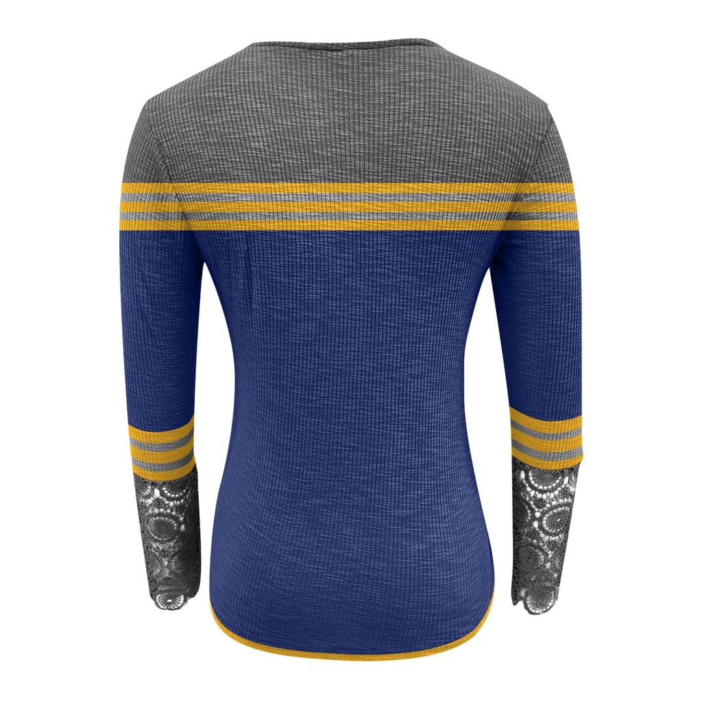 Women Fashion Patchwork Printing Lace Long Sleeve Casual Button Pullover Sweatshirt Top