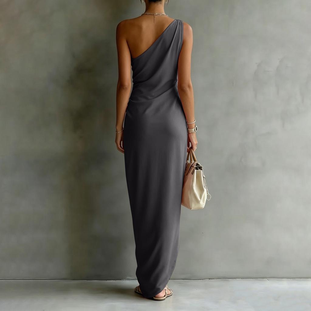 One Shoulder Long Dress for Women Satin Maxi Gown Asymmetrical Hem Elegant Sleeveless Formal Evening Party Wear