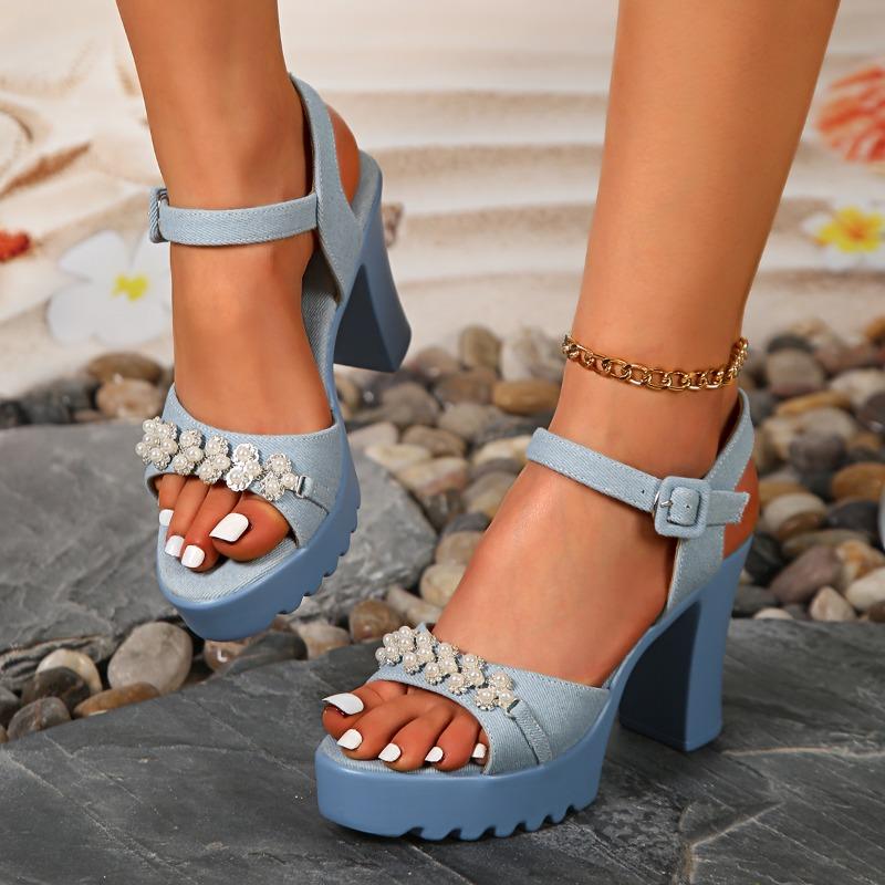 Fashion Denim Blue Woman Bow High Heels Sandals Fashion Chunky Platfrom Women Shoes Summer Sexy Party Dress Open Toe Sandalias De Mujer
