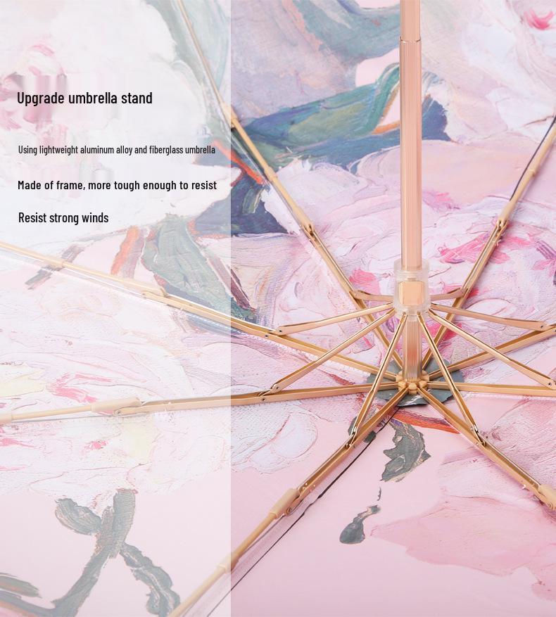 Automatic Black Glue Peony Sun & Rain Umbrella - Double-Layer Anti-UV, Oil Painting Design