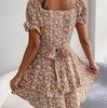Elegant Floral Summer Dress for Women Square Collar Short Sleeve Lace Up Spring Outfit Sizes S To XL
