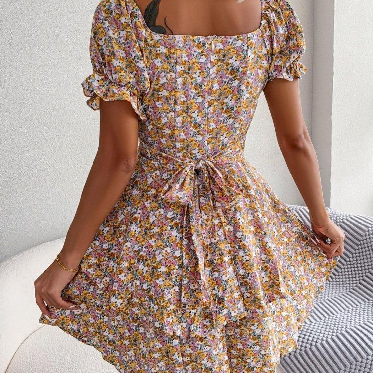 Elegant Floral Summer Dress for Women Square Collar Short Sleeve Lace Up Spring Outfit Sizes S To XL