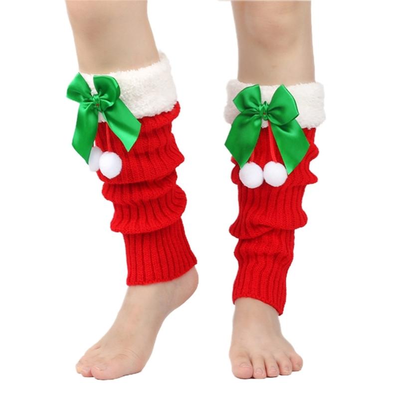 Christmas Fleece Trim Warm Leg Warmers Sweet Plush Balls Bows Knitted Boot Covers Festival Footless Socks for Women