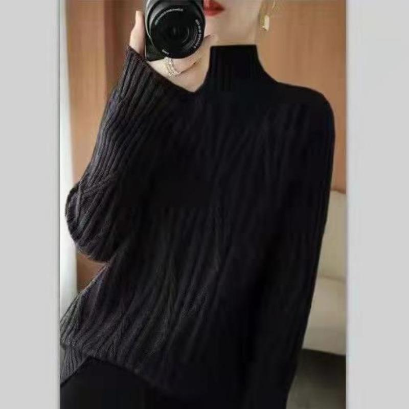 

Женский свитер с высоким воротником в корейском стиле, свободный, с кабельным узором, однотонный, вязаный, базовый слой для осени и зимы (Верхняя одежда) 2XL