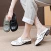Fashion Shoes Woman 2025 Slippers Flat Fretwork Heels Low Med Cover Toe Genuine Leather Soft Rubber TPR Rome Slides PU Fabric Hoof