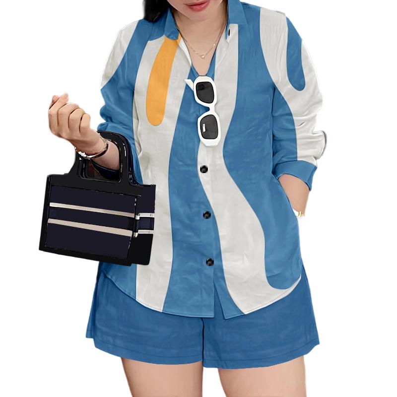 

ZANZEA Women Long Sleeve Stripe Blouse and Shorts Summer Two Piece Suit Sets S синій