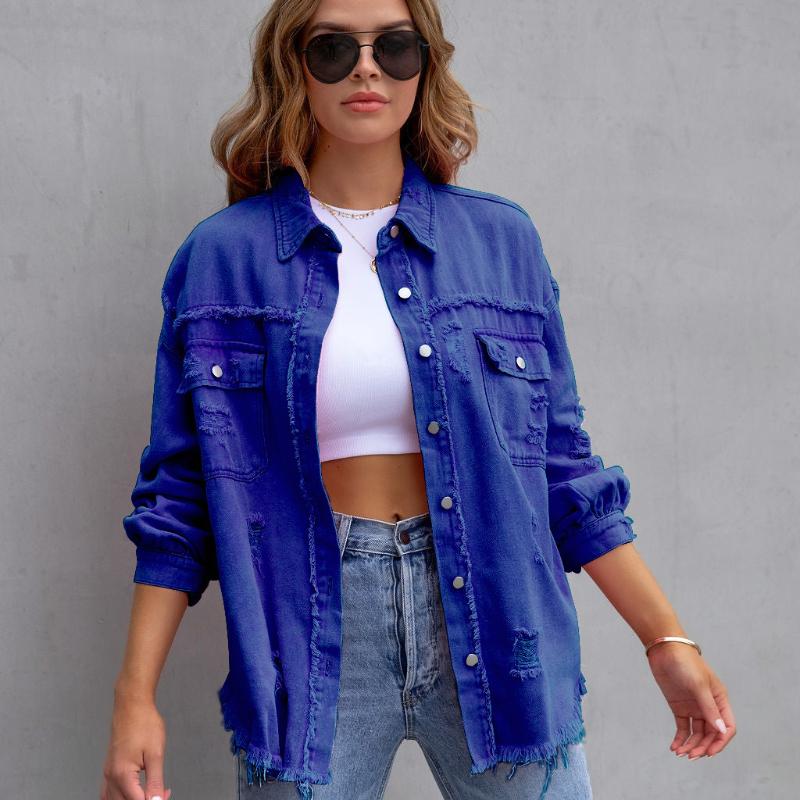 Women's Fashion Ripped Denim Women's Spring and Autumn Long-sleeved Casual Lapel Top Jacket
