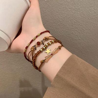 4Pcs/Set Vintage Woven Beaded Stacked Bracelets For Women Gifts Style Brown Ethnic Rope Jewelry L2U4