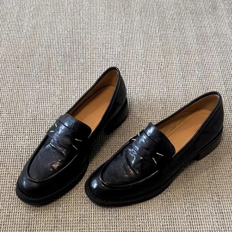 Sheepskin version~ retro leather round head thick heel one-pedal loafers women's British commuting versatile single shoes small leather shoes