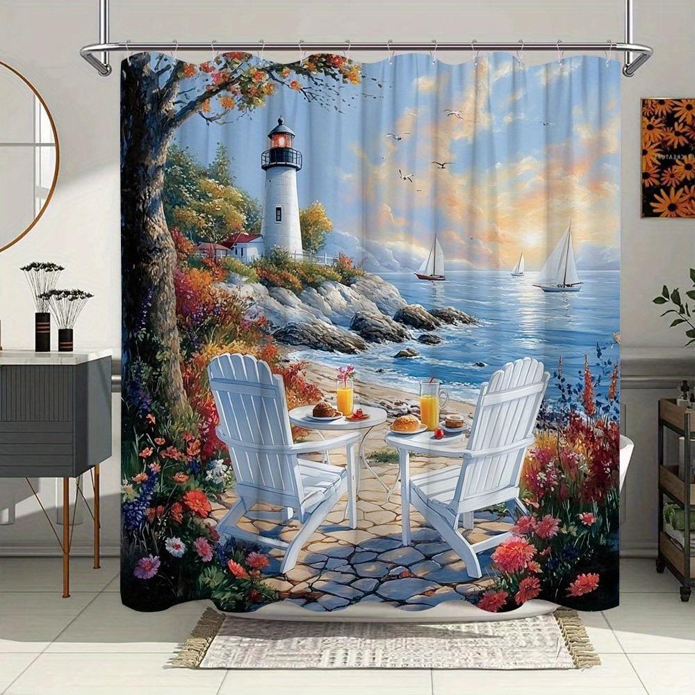 

Colored Painting Of The Coastal Sunset Shower Curtain Washable Dirt-Resistant Shower Head Waterproof Polyester Bath Curtain W60H190(CM)-1 Pcs