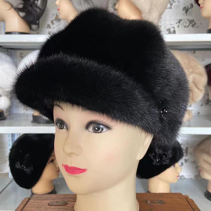 

Зимние женские шапки Шапка из натурального меха норки Маленький козырек Однотонная Зимняя Уличная Теплая Цельная шкура Русская военная шапка Армейская кепка чёрный