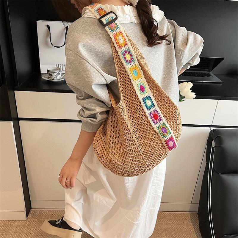 Large Capacity Crochet Tote Bag Ethnic Style Hollow Out Woven Bag Embroidered Strap Knitting Handbag For Female Travel AVE