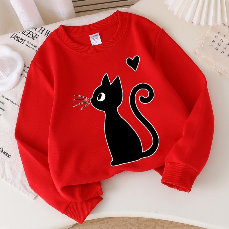 Kids Crewneck Sweatshirt, Black Cat with Heart & Whiskers Print,Casual Sportswear for Spring & Autumn