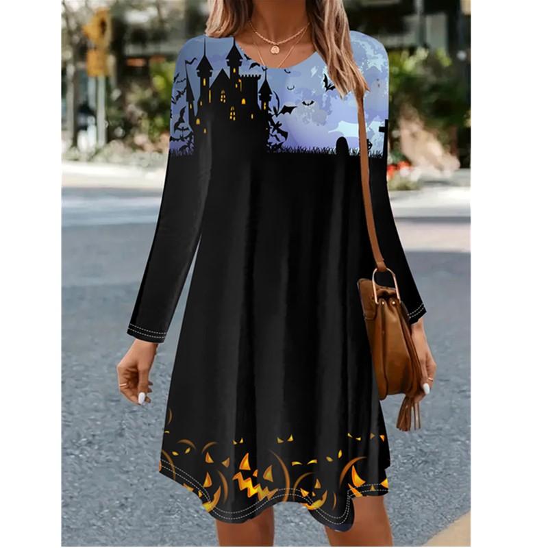 Women's Halloween Party Dress 3D Horror Halloween Pumpkin Bat Witch Printed Dress Long Sleeve O-Neck Casual Loose Dress