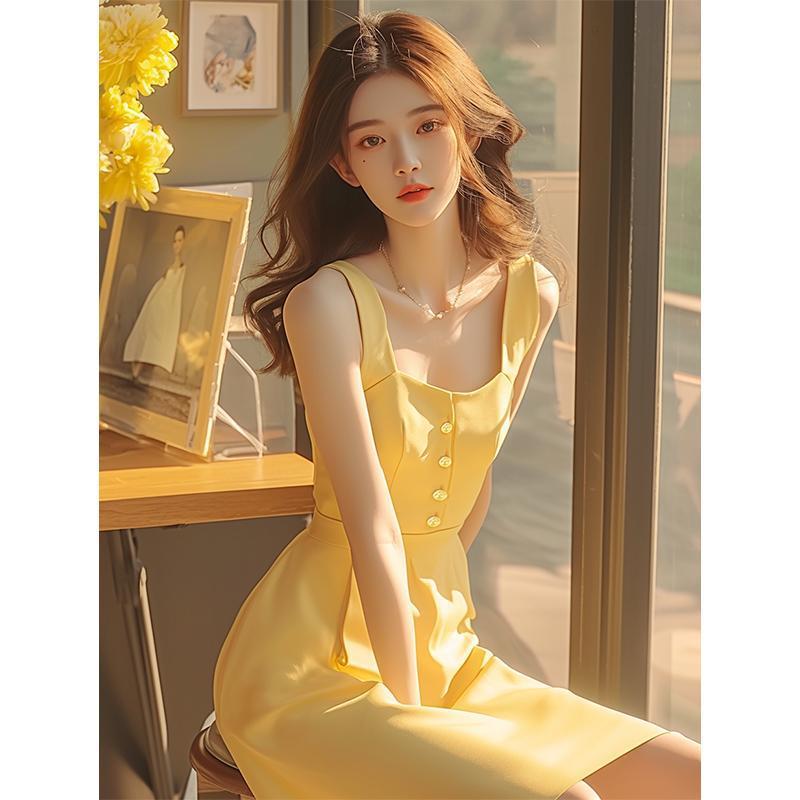 Elegant French Hepburn-Style Yellow Spaghetti Strap Summer Dress for Women S (recommended for 80--94 jin)