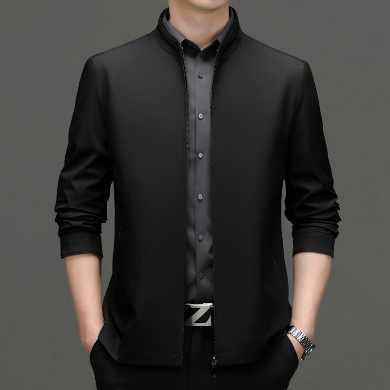 New Men's Casual Jacket Business Gentleman Stand-up Collar Zipper Solid Color Middle-aged Dad Jacket