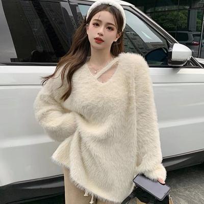 Suéter Pulôver Tricotado de Lã de Visão de Mink Macia e Encerada Francesa Feminino Outono Inverno Suave Solto Decote em V Roupa Exterior Suéter Folgado Pulôver Top