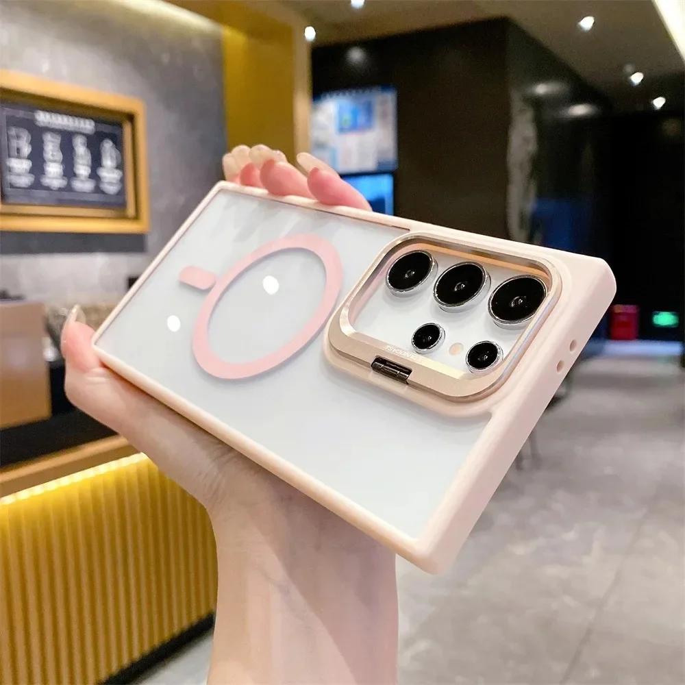 Magnetic Lens Protector Stand Phone Case For Samsung S25 S24 S23 S22 Ultra Plus FE Clear Magsafe Wireless Charge Hard Back Cover