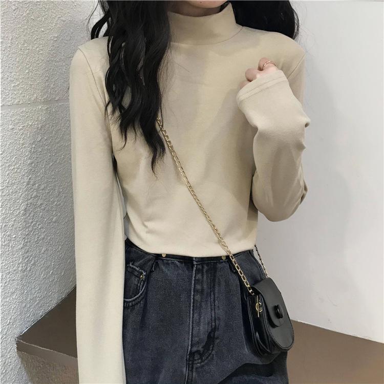 Thickened Shoulder Half-High Collar Slim Fit Warm Women's Long Sleeve T-Shirt - Autumn/Winter Fashion.