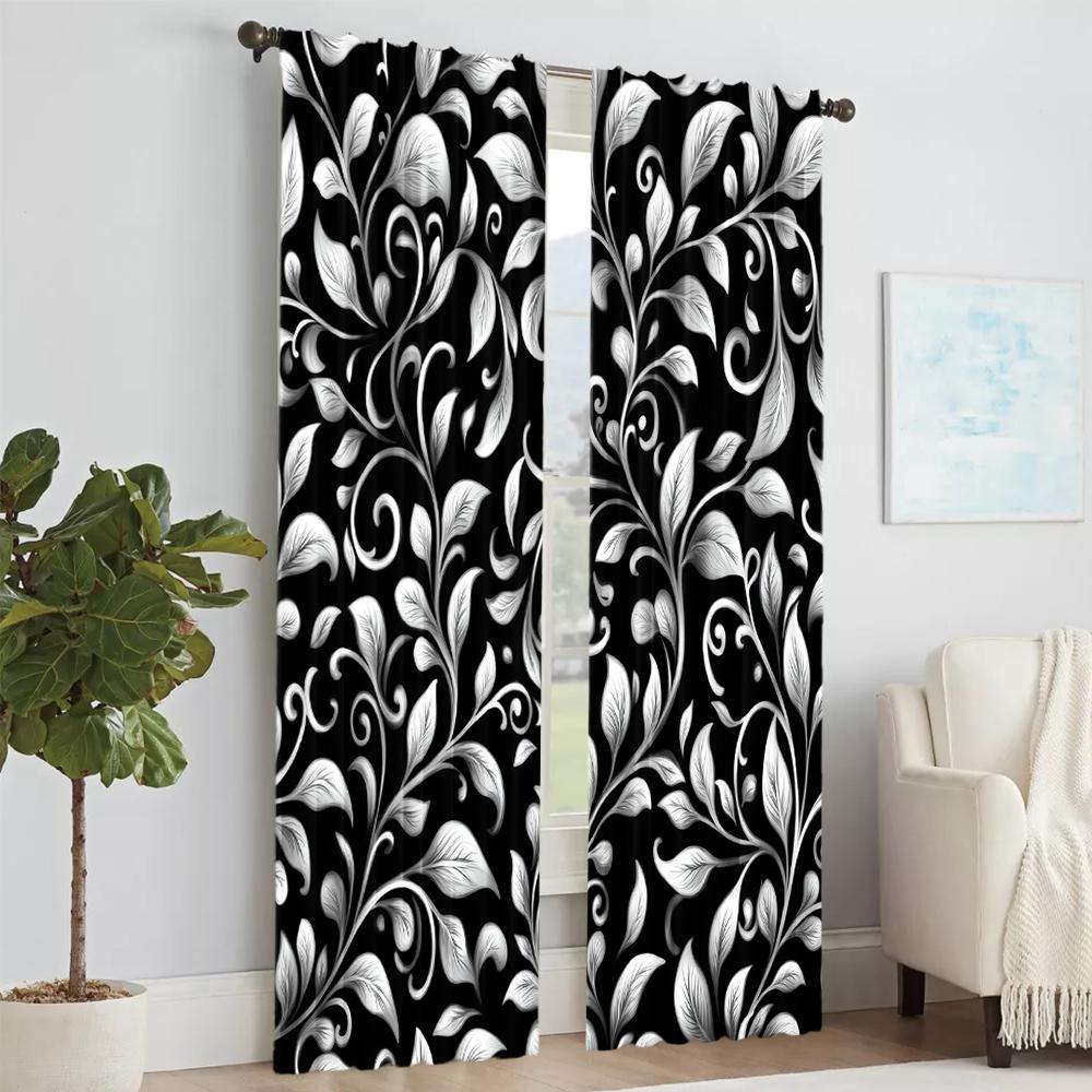 Versatile Polyester Transparent Curtains Home Decoration Black White Leaf Use Bedrooms Living Rooms Set Of 2 Made Area Decor