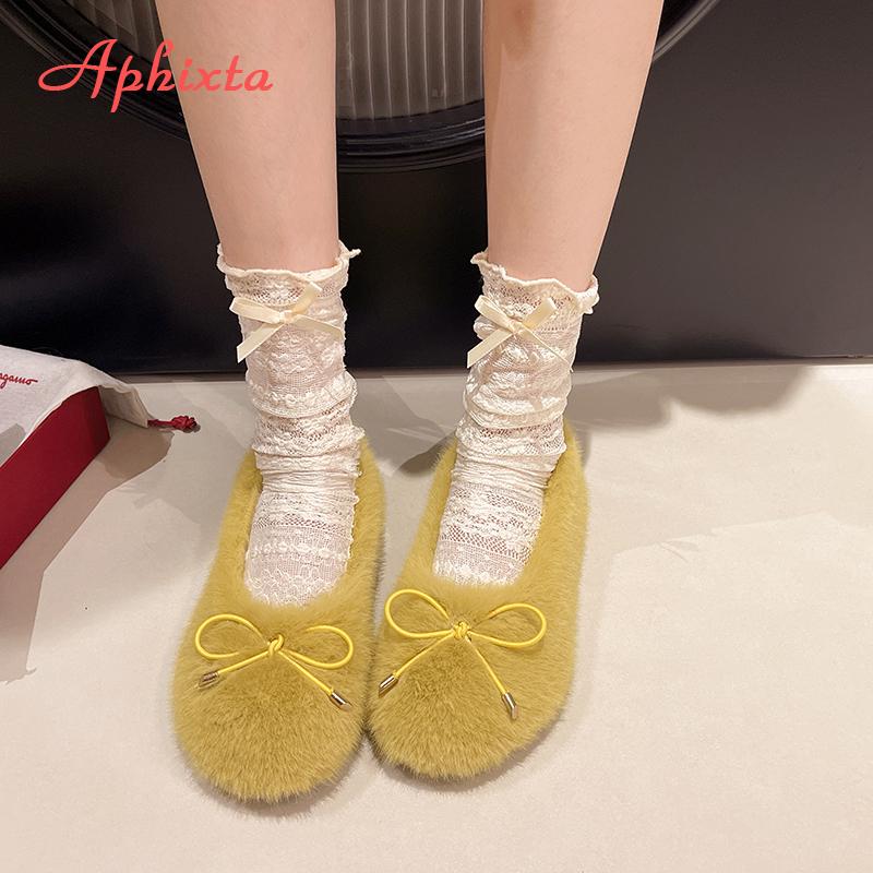 Fashion Aphixta Furry Sweet Bow Dec Women Flat Shoes Yellow Shallow Flats Shoes Women Flat with Loafers Soft Sole Woman Casual Shoes