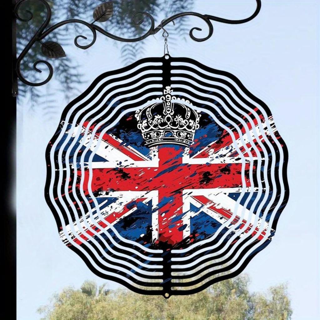 UK Flag and Crown Metal Wind Spinner Outdoor Garden Decor Rotating 3D Art for Yard Patio Holidays Patriotic Celebrations No Electricity Needed
