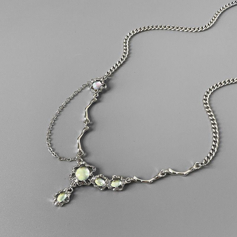 JWER Trendy Bling Moonstone Star Cross Pendant Necklace for Women Punk Hip Hop Star Chain CrystalNecklace Party Jewelry Gift