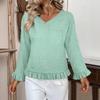 Women's Casual Fashion Ruffle V-Neck Pocket Solid Color Long Sleeve Top
