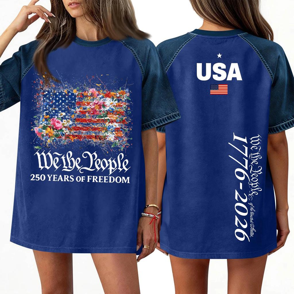 Women's Denim Patchwork Top,  Casual Short-sleeved Comfortable T-shirt,  Fashionable For Spring And Summer.
