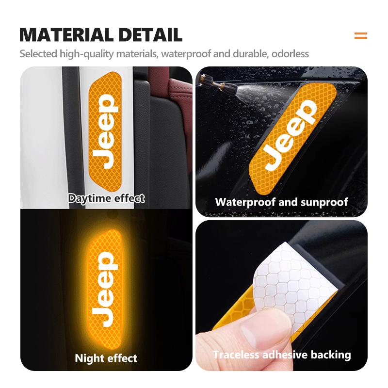 4pcs Car Door Stickers Reflective Auto Door Sticker Accessories For Jeep Cherokee Wrangler JK Gladiator Compass Renegade Patriot