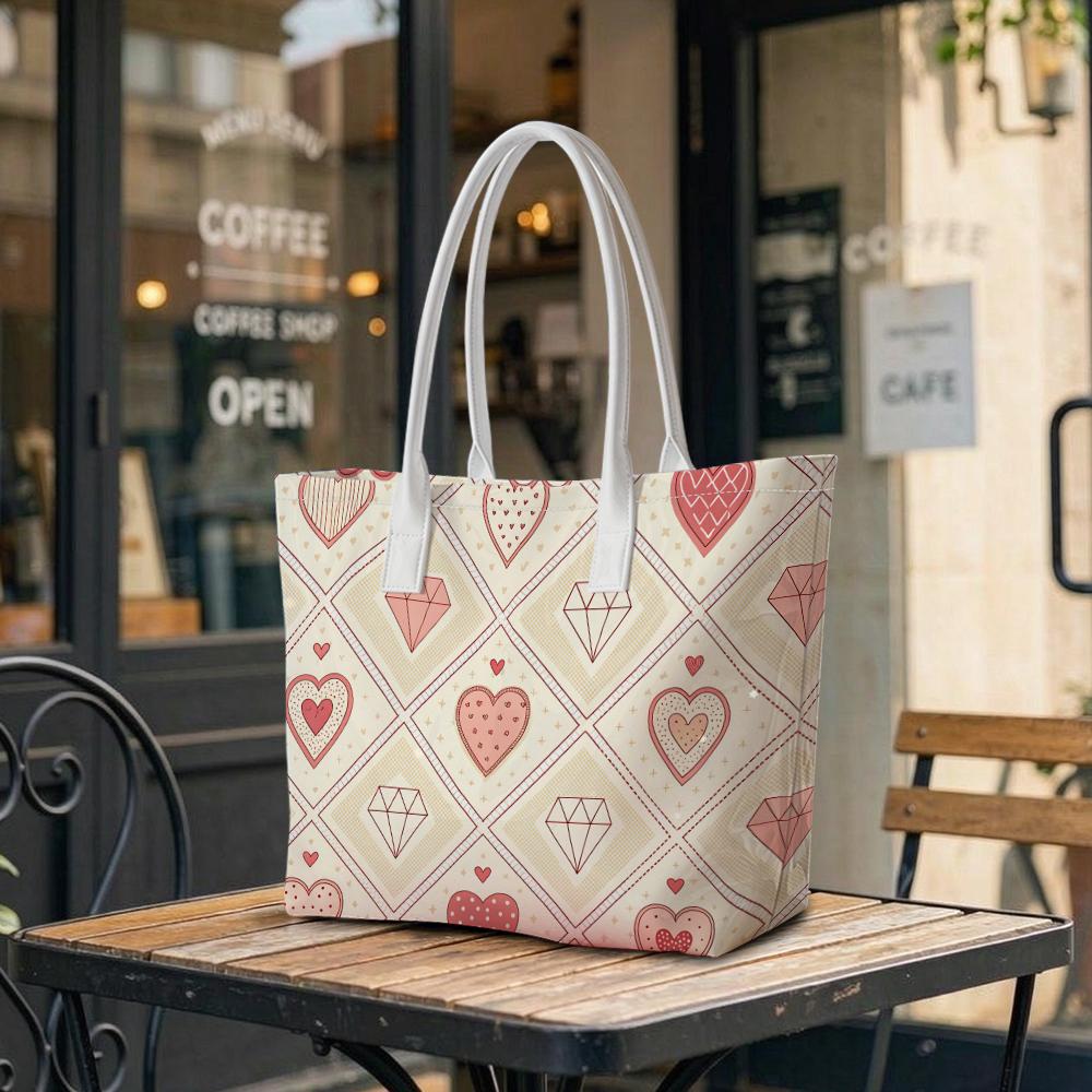 Sweet Heart Diamond Print Tote Bag Casual Carry All For Daily Outings Shopping Portable Fashion Shoulder Bag