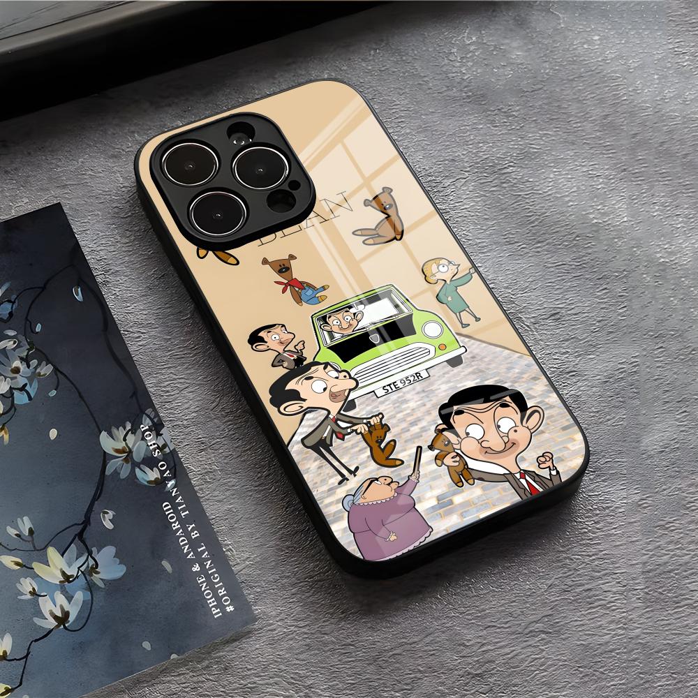 Lustige Mr B- BeanS Handyhülle für iPhone 17 Air 16 E Pro Max 15 14 13 Mini 12 Pro 11 Max Plus Schwarzes Glas Cover