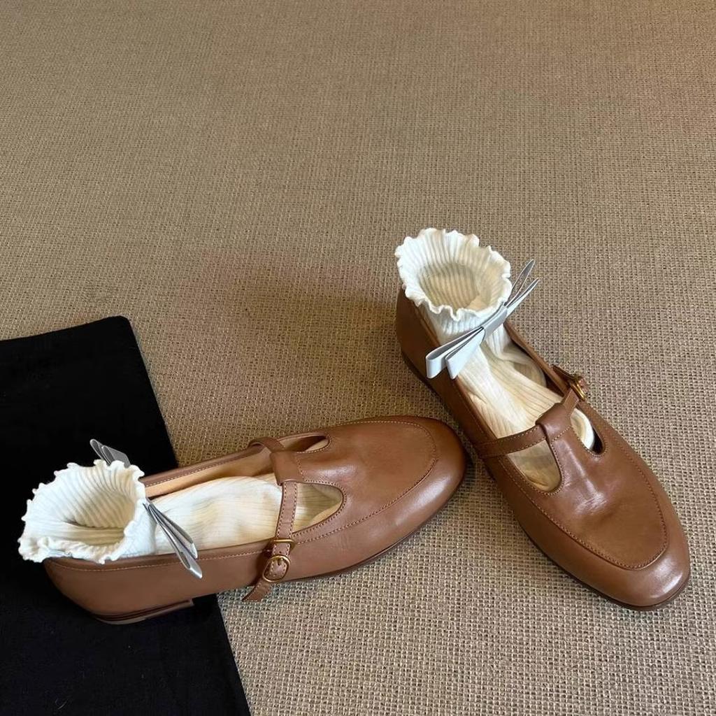 Sheepskin Version! Pink Single Shoes Women's French Round Head Light Mouth T-buckle with Skirt Flat Bottom Mary Jane Small Leather Shoes
