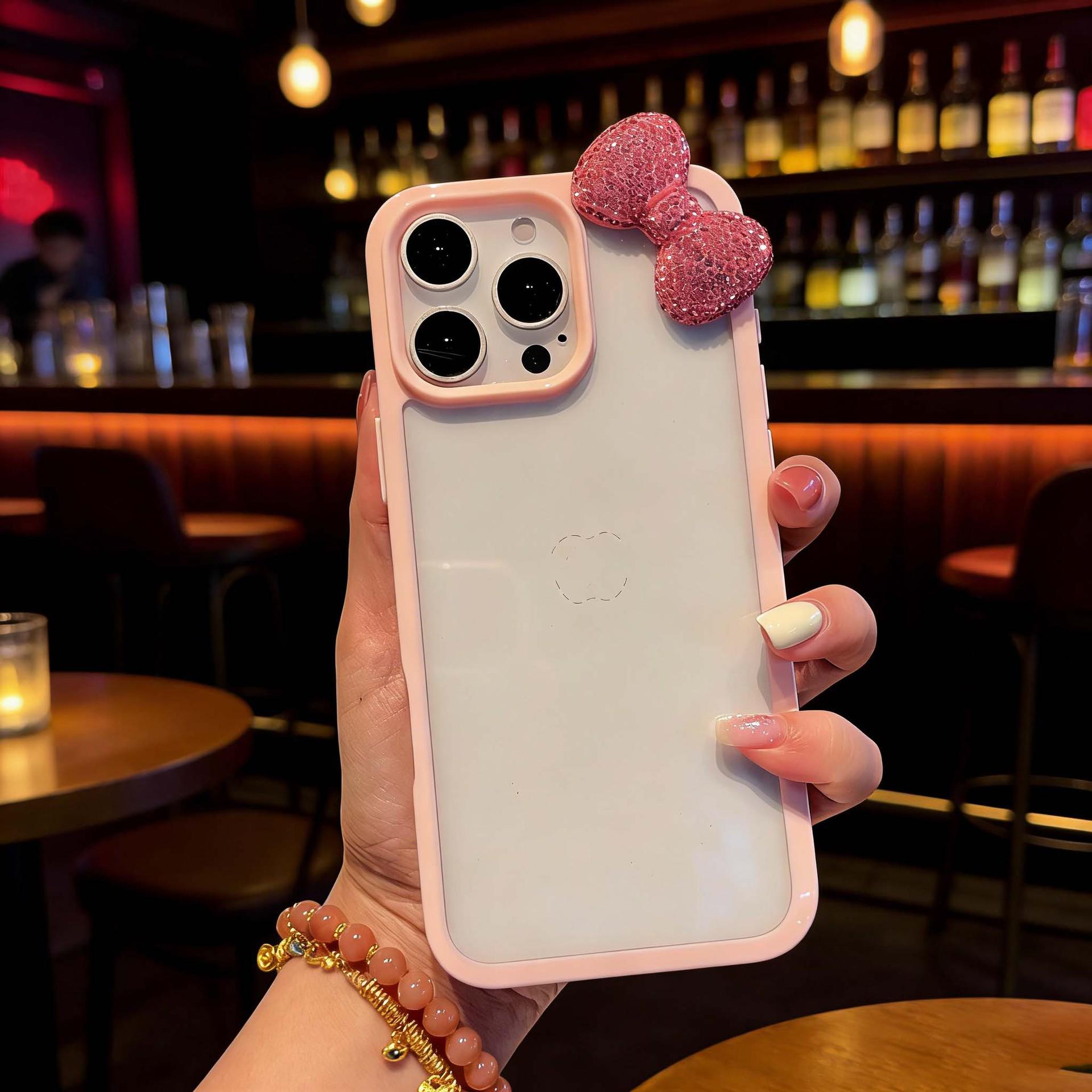 

Acrylic Rhinestone Bowknot Case for Apple 17 Pro Max, 15 Pro Max, 14/13/16 Pro Models - Full Coverage. iPhone 13 Pro