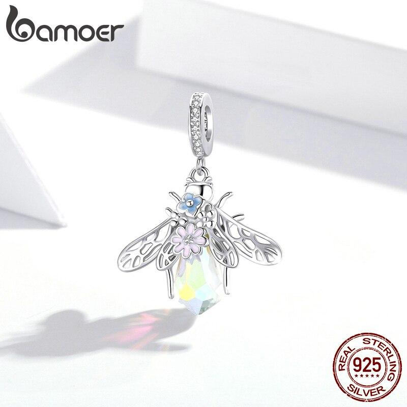 

BAMOER Аутентичные стерлингового серебра 925 пробы красочные пчелы прозрачные бусины с фианитами подвеска для браслета DIY изготовления ювелирных изделий серебряный