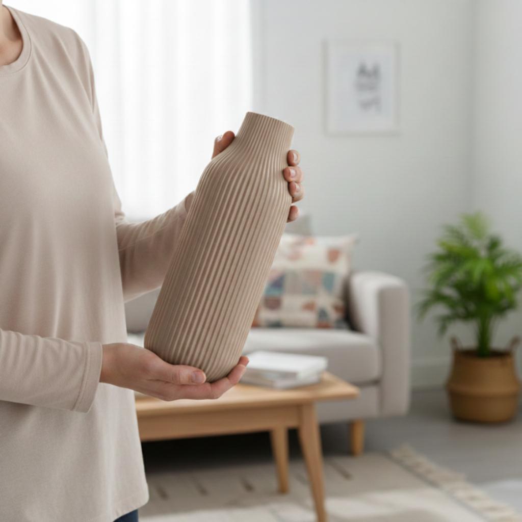 A modern vase with simple, elegant beige lines and a delicate pattern.