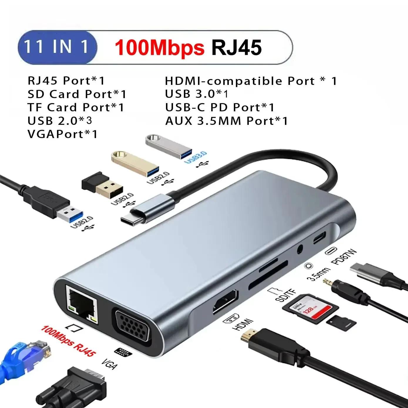

Док-станции USB C 11-в-1 USB C HUB Адаптер Type C на 4K HDMI USB 3.0 Сплиттер с PD/RJ45/3,5 мм/TF/SD Для ноутбука Macbook 11 in 1