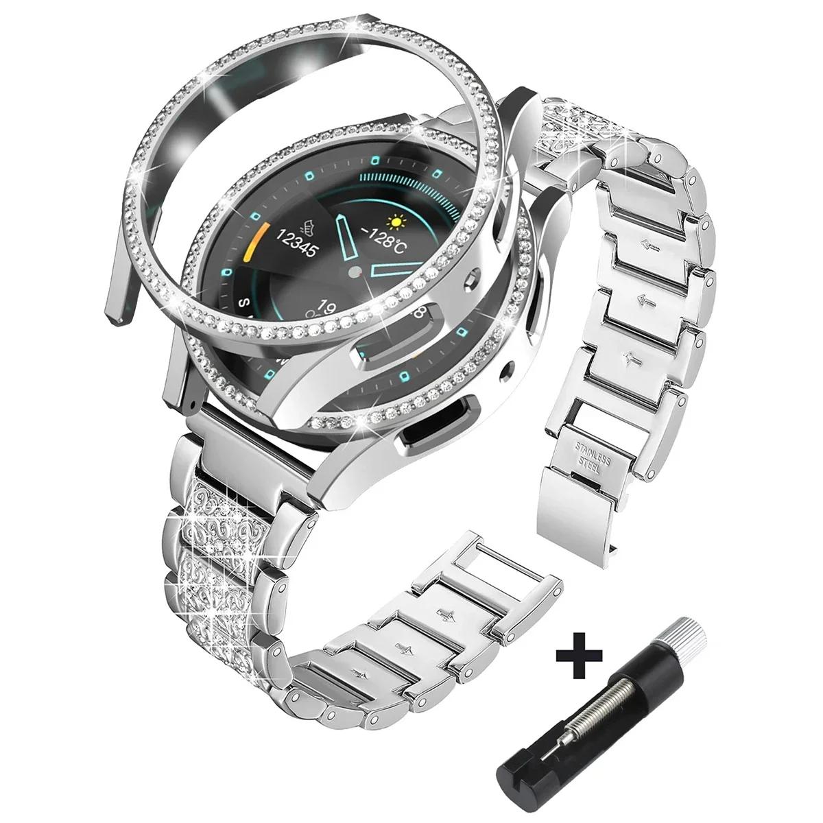 

Металлический ремешок+чехол для Samsung Galaxy Watch7 6 5 4 40мм 44мм Браслет из нержавеющей стали с бриллиантами и бампер-крышка Аксессуар Galaxy watch7 40mm серебряный