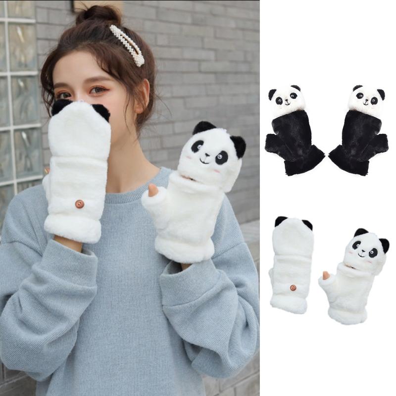 Winter Warme Handschuhe Flauschige Tier-Fäustlinge Plüsch-Panda Halbfingerhandschuhe mit Klappdeckel Warme Handschuhe für Kaltes Wetter
