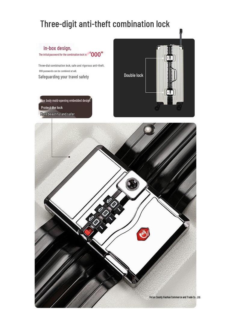 Durable Aluminum Trolley Suitcase with Silent Wheels, Large Capacity, Combination Lock - Ideal for Men, Women, and Students