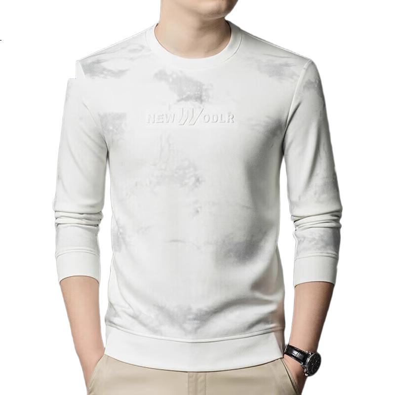 ROMON Mulberry Silk And Wool Long-Sleeve T-Shirt for Men, Spring And Autumn New Style Business Casual Printed Round Neck Sweatshirt for Me