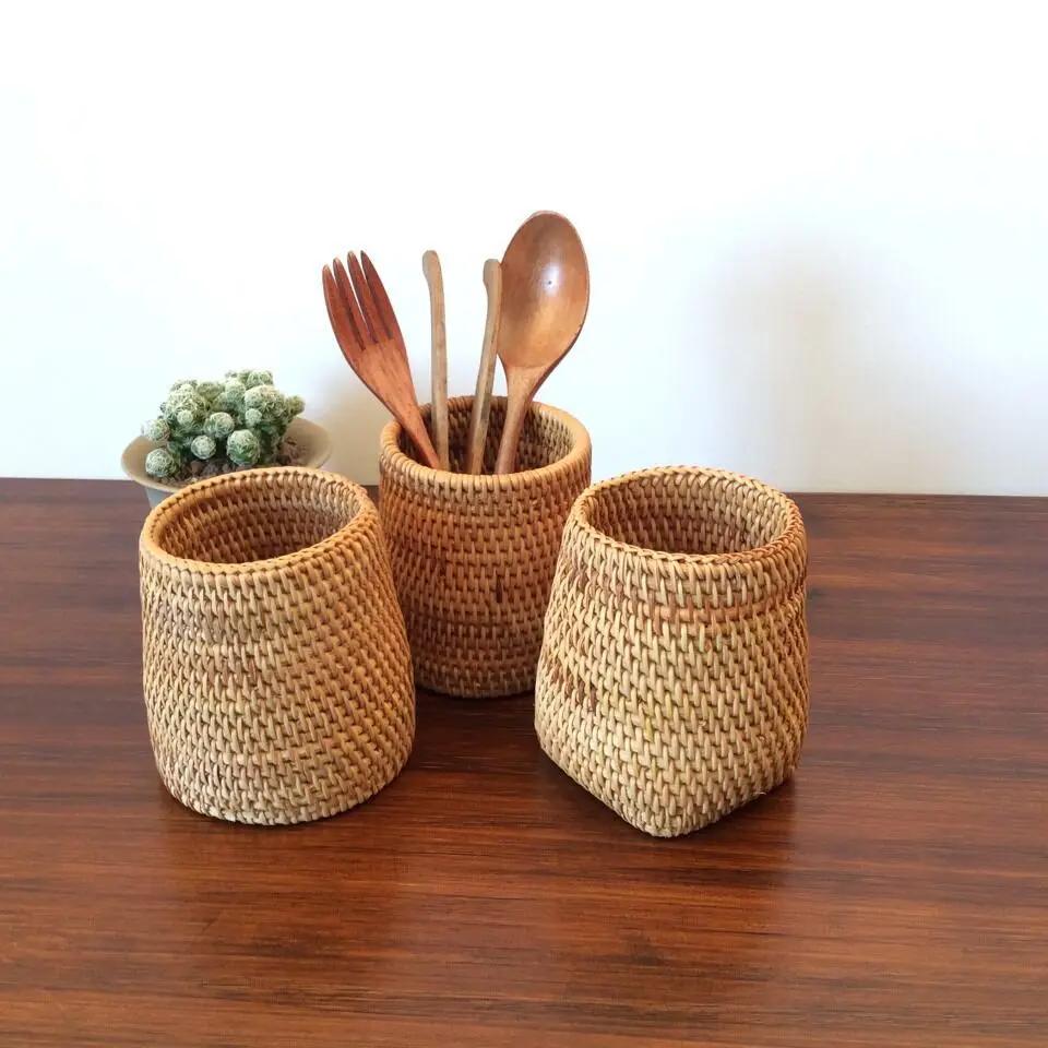 Rattan Chopsticks Tube Spoon Bucket Knife Fork Cutlery Storage Box Pen Pencil Ruler Rack Home Storage Basket