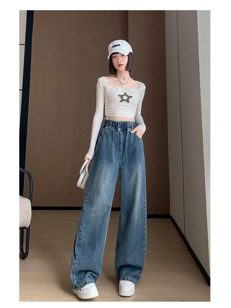 Women's Plus Size High Waist Fluffy Denim Jeans, Floor-Length, Wide Straight Leg, Loose Fit, Autumn/Winter, Slimming, Fits Up To 200 Jin