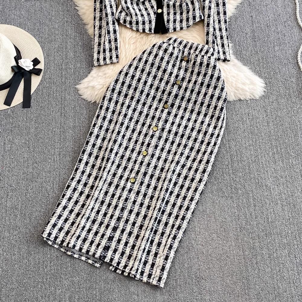 Outono primavera pequena fragrância xadrez tweed ternos feminino com decote em v casaco curto + botões saia lápis longa conjunto de duas peças