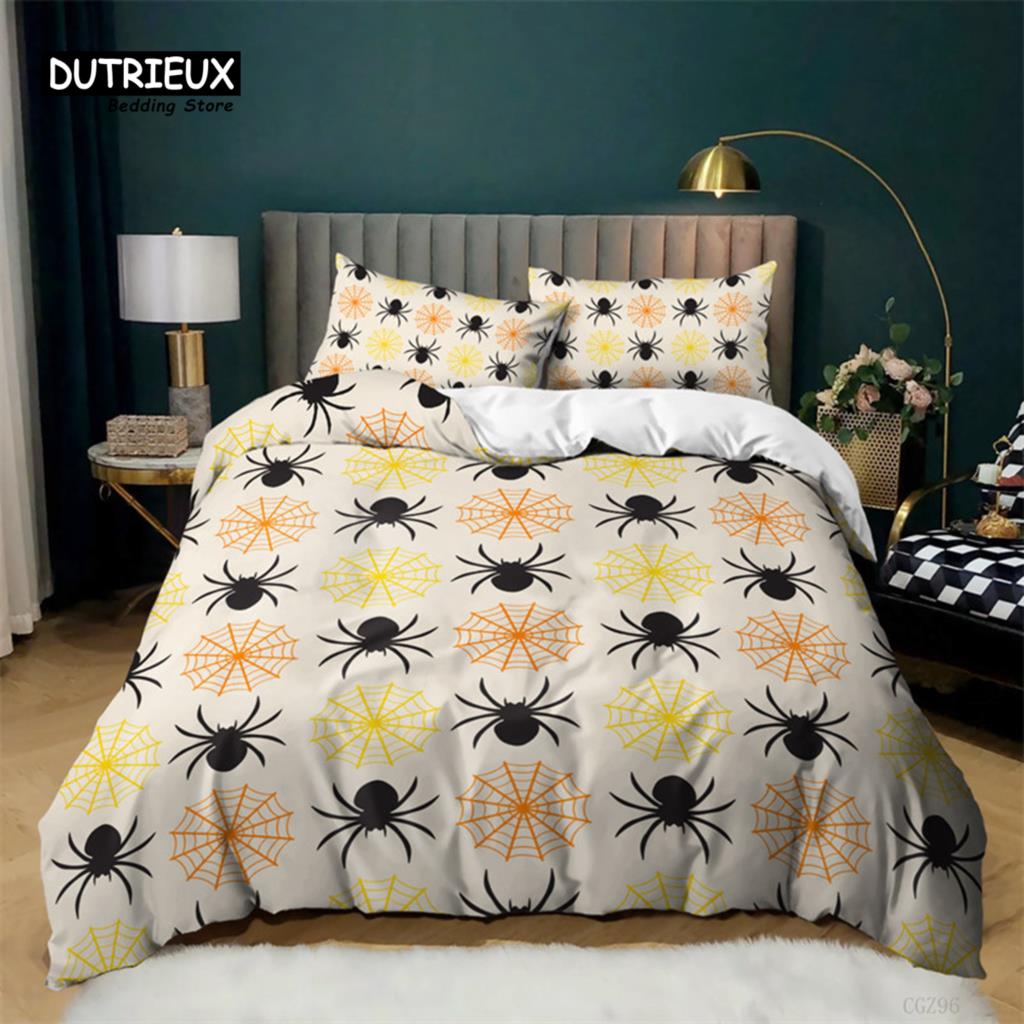 Cartoon Pumpkin Duvet Cover Gothic Halloween Skull Bedding Set Polyester Lantern Ghost Comforter Cover King For Boys Girls Decor