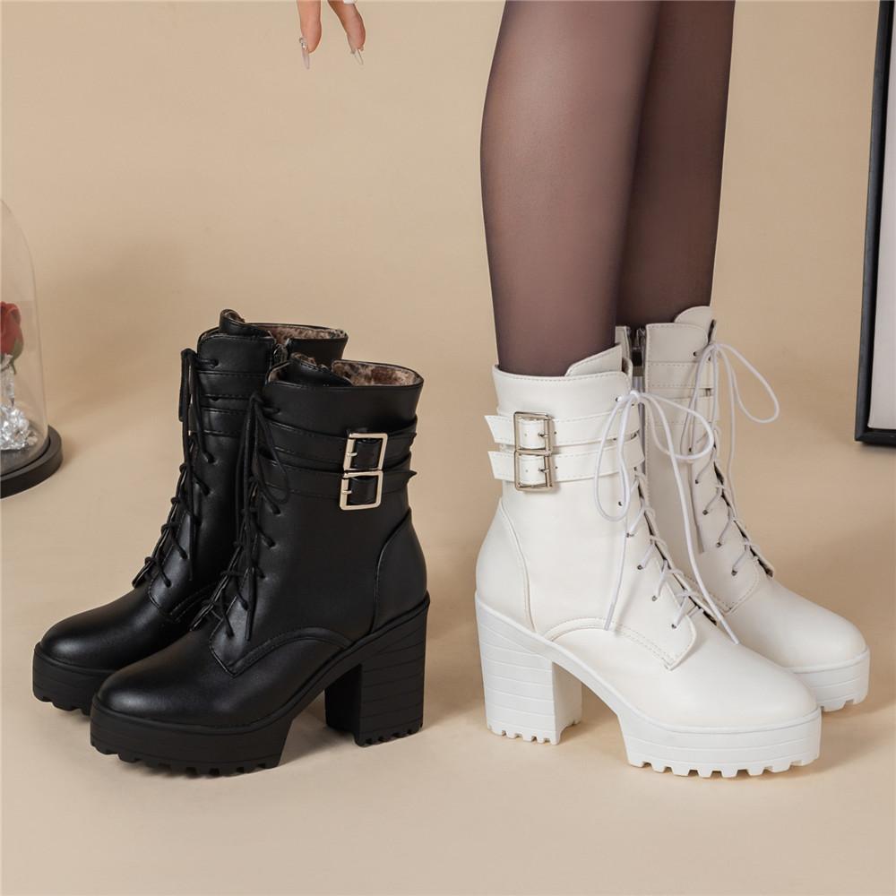 Automne Hiver Femme Moto Dame Botte Élégante Dame Cheville Haut Haut Plateforme Talons Sexy Botas Boucle Blanc