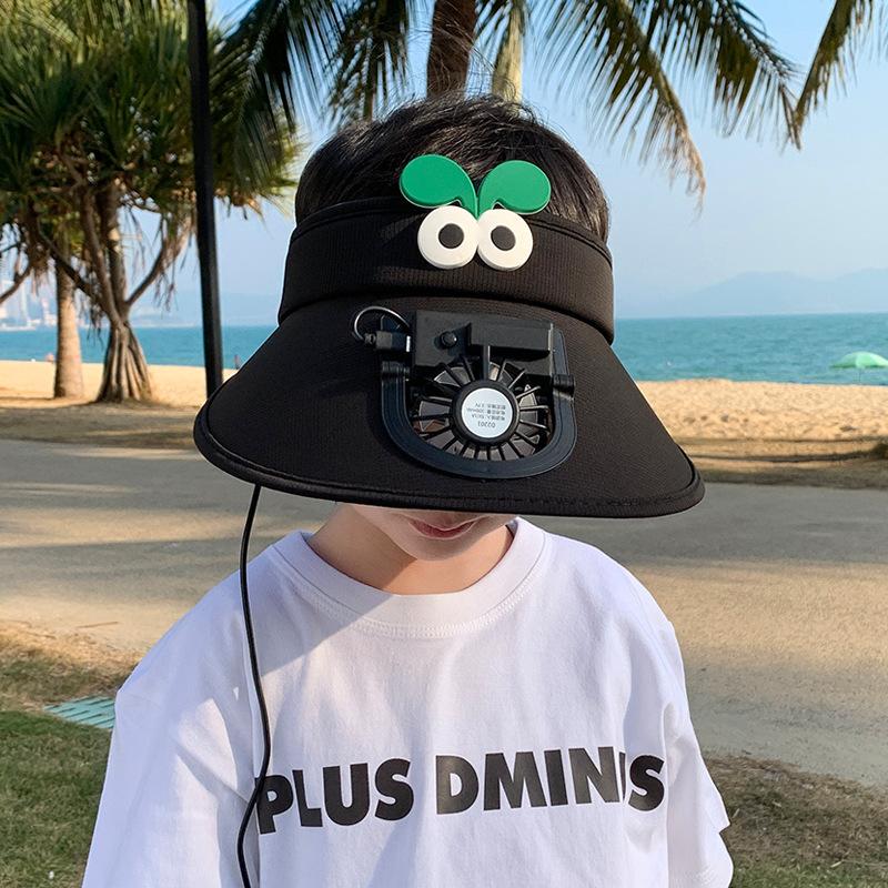 Children's hats summer boys and girls outdoor big brim sun protection empty top hat cartoon cute sun hat with fan