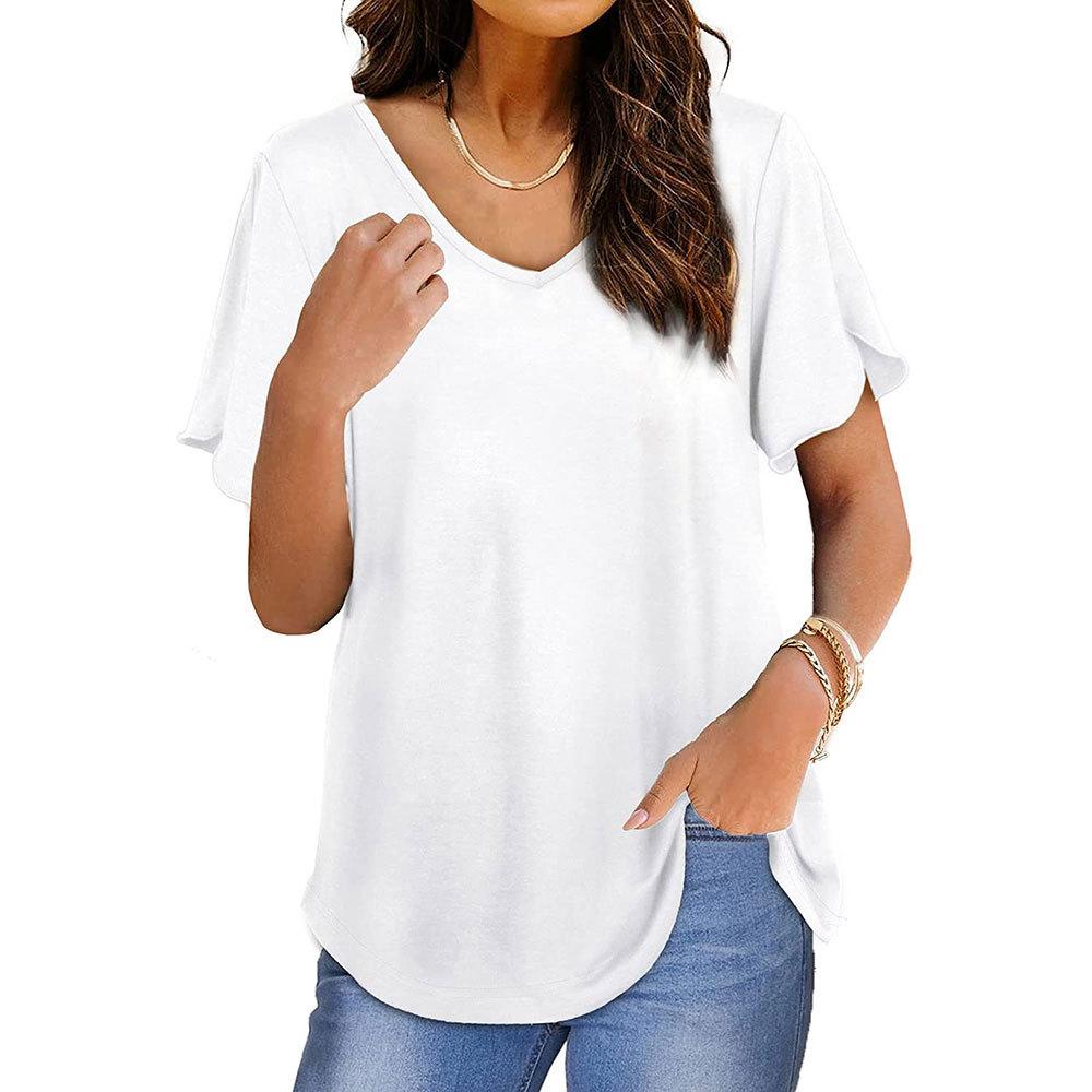 Women Solid V-neck Petal Sleeve Loose T 