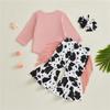 Baby Girls Fall Outfit Bull Head Print Romper with Tassels Cow Pattern Flare Pants and Headband Clothing Set
