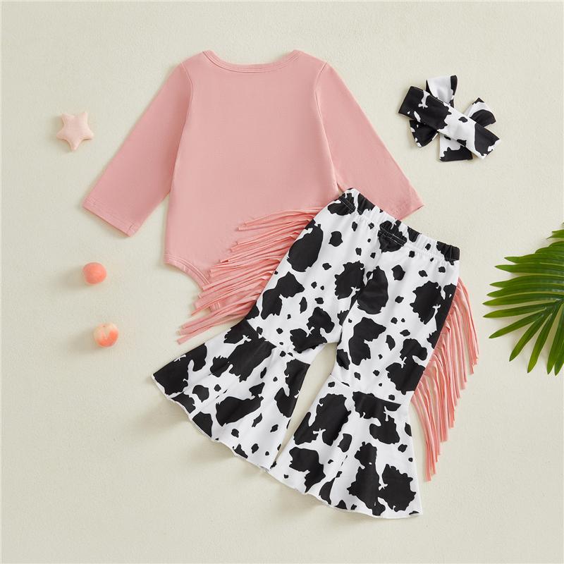 Baby Girls Fall Outfit Bull Head Print Romper with Tassels Cow Pattern Flare Pants and Headband Clothing Set